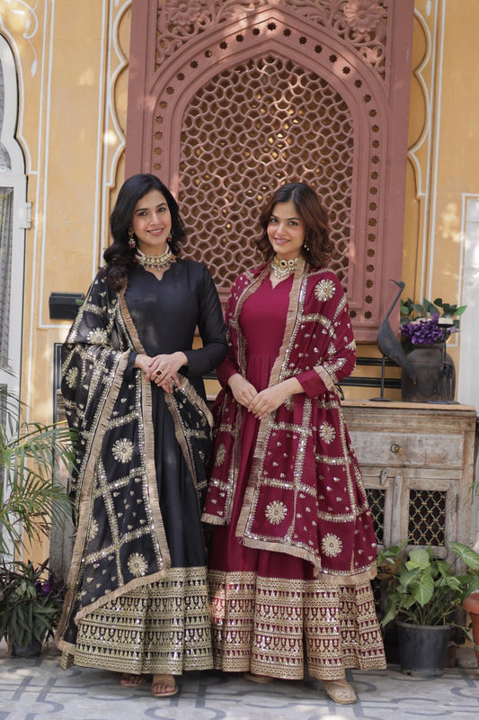 BLACK & MAROON ANARKALI GOWN WITH DUPATTA (FULLY STTITCHED)