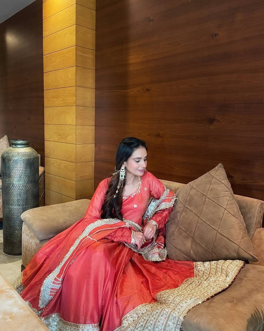 MINA RED CHINON SILK ANARKALI PREMIUM SUIT SET