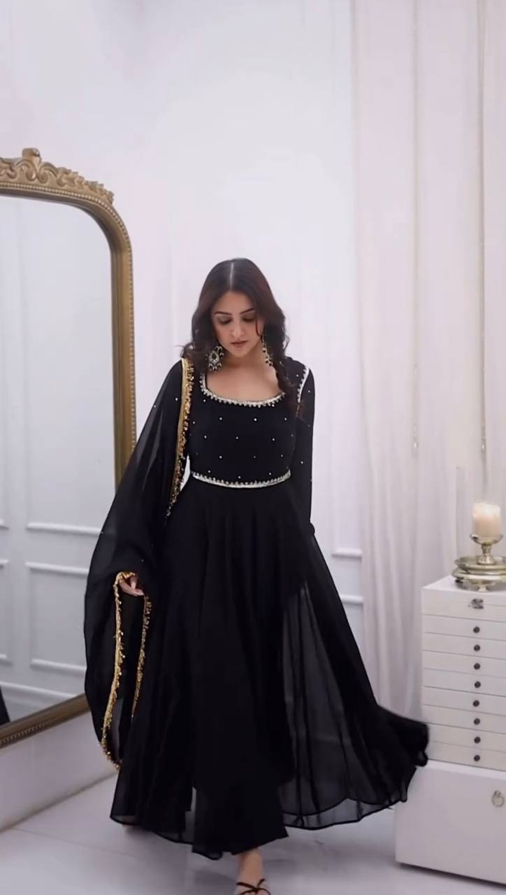 BLACK FAUX GEORGETTE HAND WORK ANARKALI SUIT
