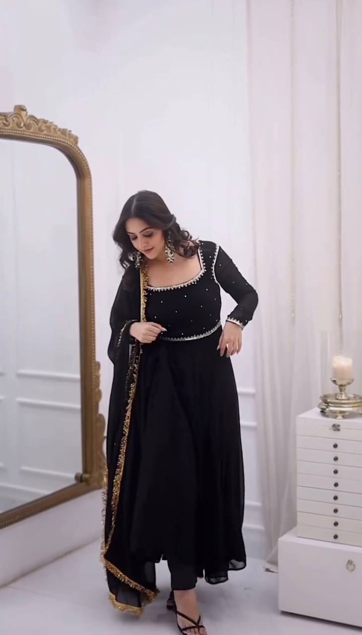 BLACK FAUX GEORGETTE HAND WORK ANARKALI SUIT