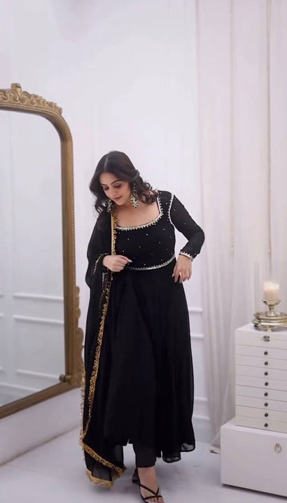 BLACK FAUX GEORGETTE HAND WORK ANARKALI SUIT