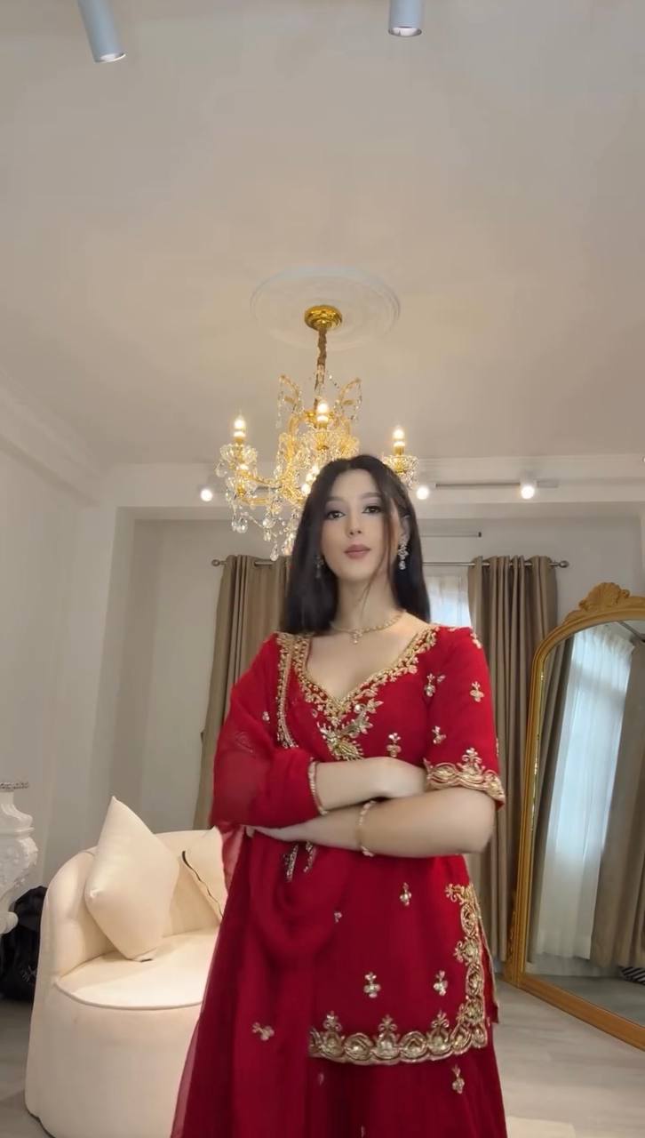 RED FAUX GEORGETTE TOP SHARARA SET (FULLY STTITCHED)