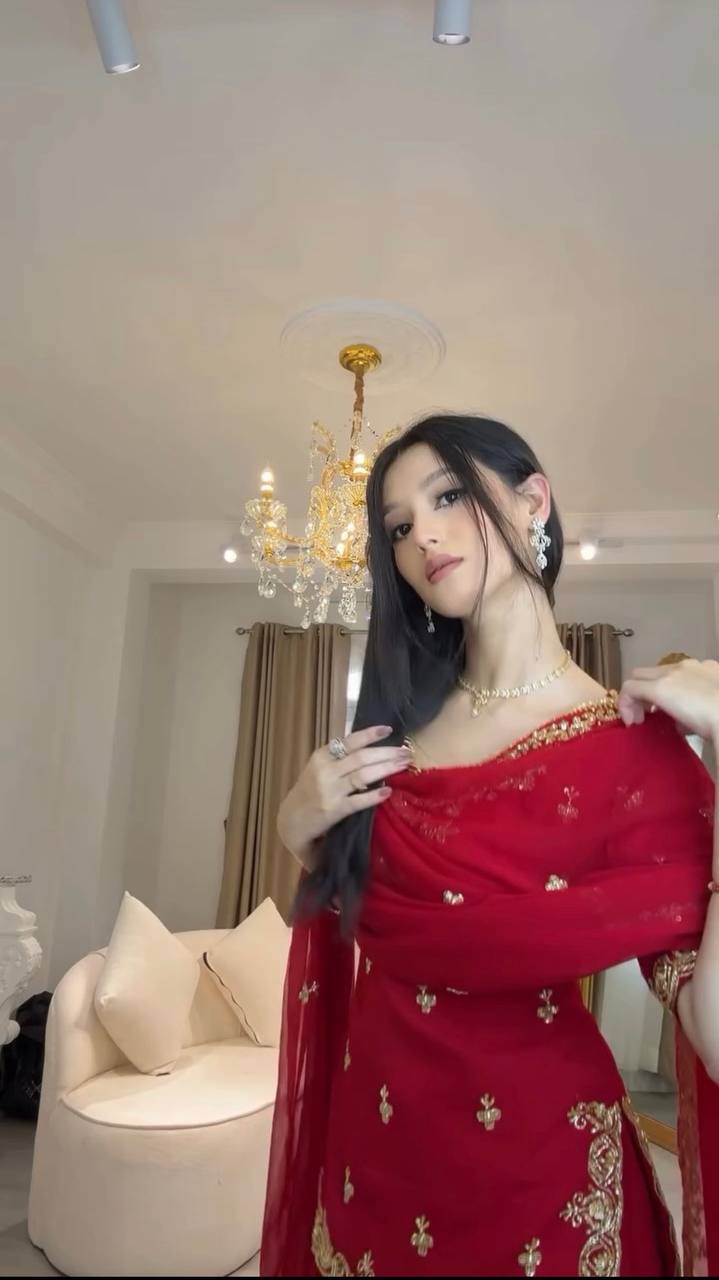 RED FAUX GEORGETTE TOP SHARARA SET (FULLY STTITCHED)