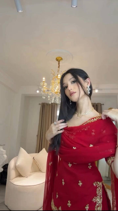 RED FAUX GEORGETTE TOP SHARARA SET (FULLY STTITCHED)