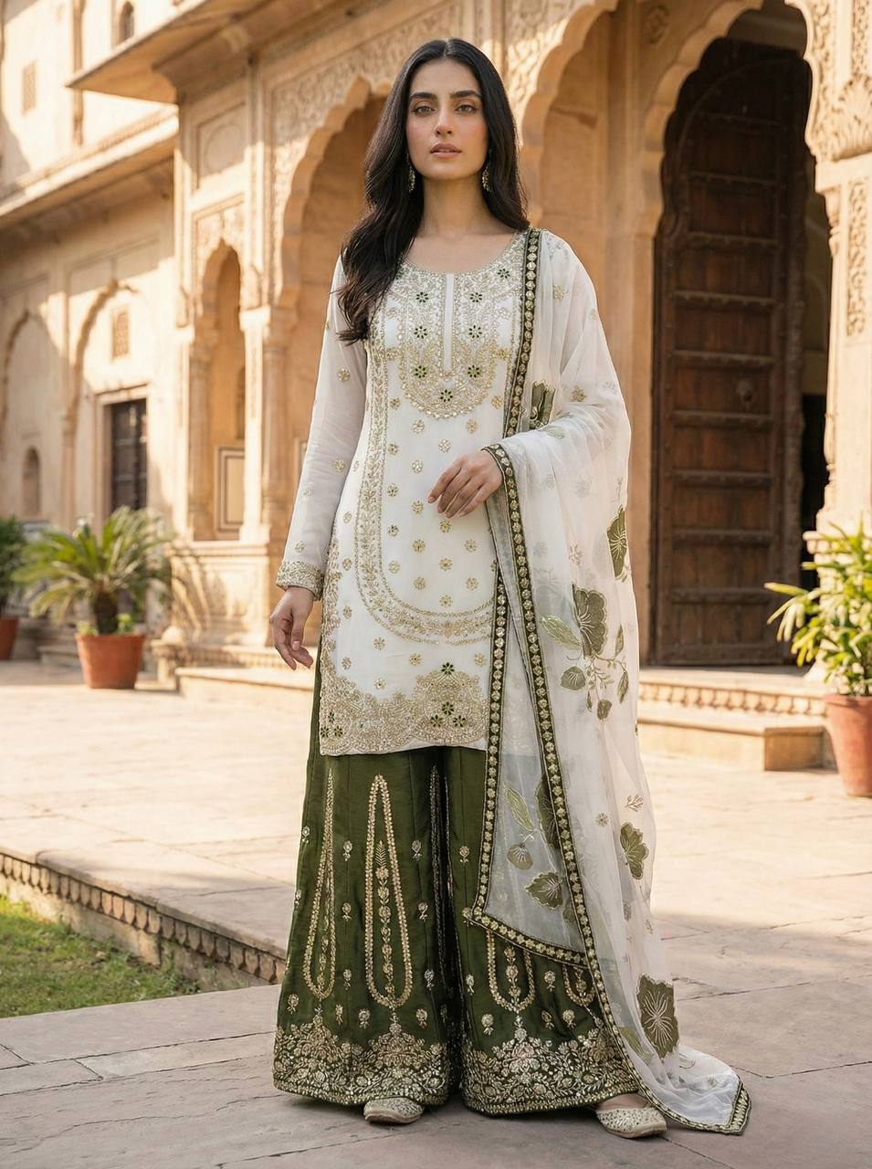 WHITE GMY SILK DIGITAL PRINT EMBROIDERY SALWAR SUIT