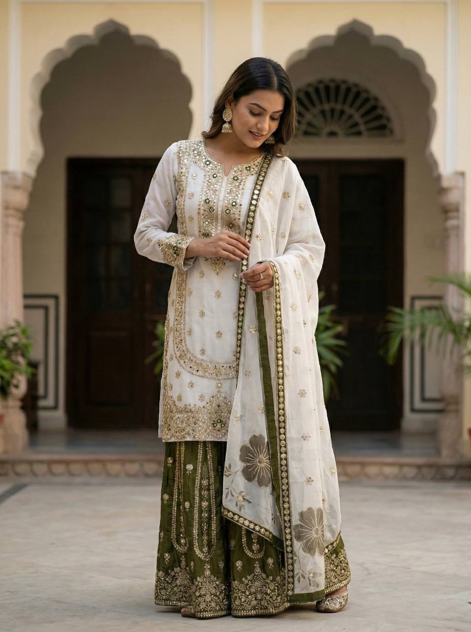 WHITE GMY SILK DIGITAL PRINT EMBROIDERY SALWAR SUIT