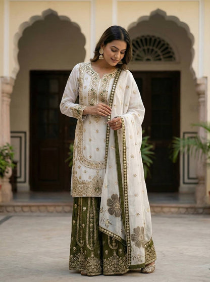 WHITE GMY SILK DIGITAL PRINT EMBROIDERY SALWAR SUIT