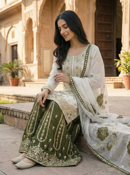 WHITE GMY SILK DIGITAL PRINT EMBROIDERY SALWAR SUIT