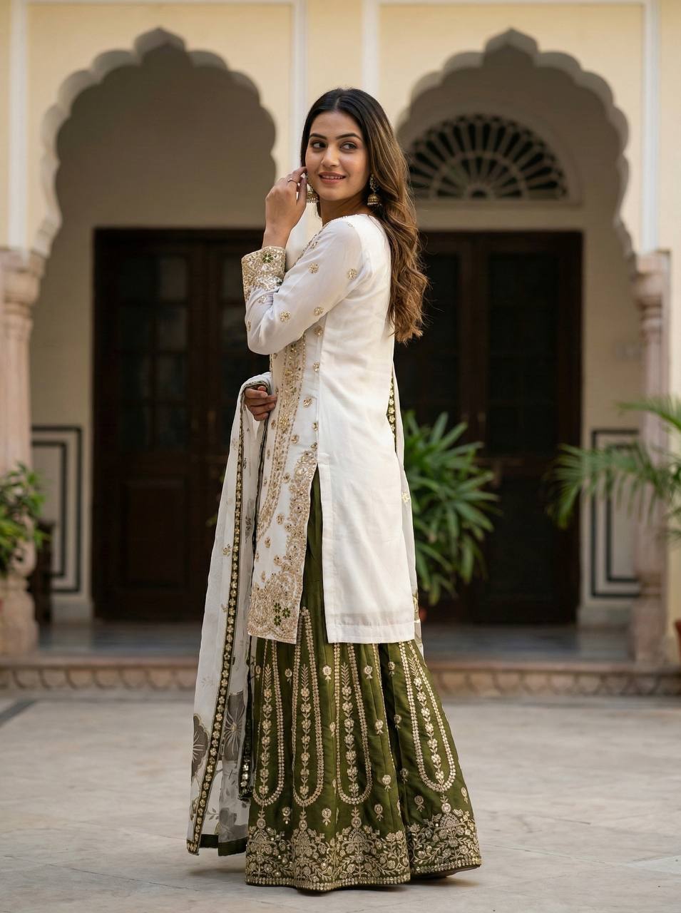 WHITE GMY SILK DIGITAL PRINT EMBROIDERY SALWAR SUIT