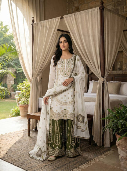 WHITE GMY SILK DIGITAL PRINT EMBROIDERY SALWAR SUIT