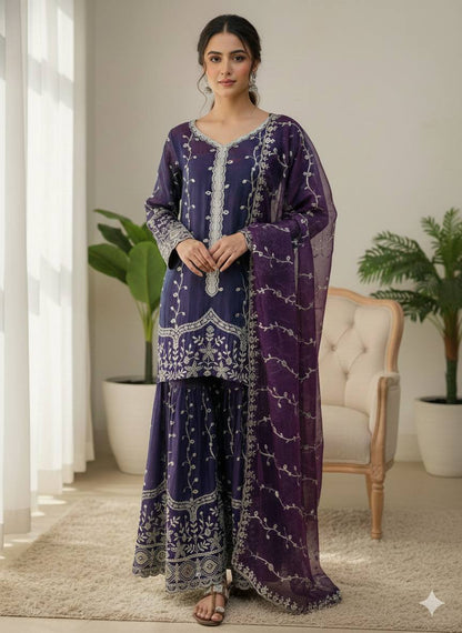 PURE FENDY SILK HEAVY EMBROIDERY TOP- BOTTOM SET (FULLY STTITCHED)