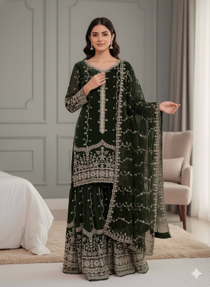 PURE FENDY SILK HEAVY EMBROIDERY TOP- BOTTOM SET (FULLY STTITCHED)