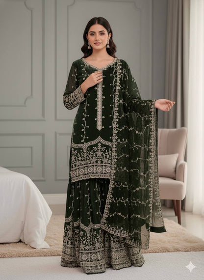 PURE FENDY SILK HEAVY EMBROIDERY TOP- BOTTOM SET (FULLY STTITCHED)
