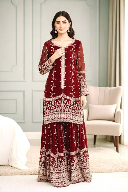 PURE FENDY SILK HEAVY EMBROIDERY TOP- BOTTOM SET (FULLY STTITCHED)