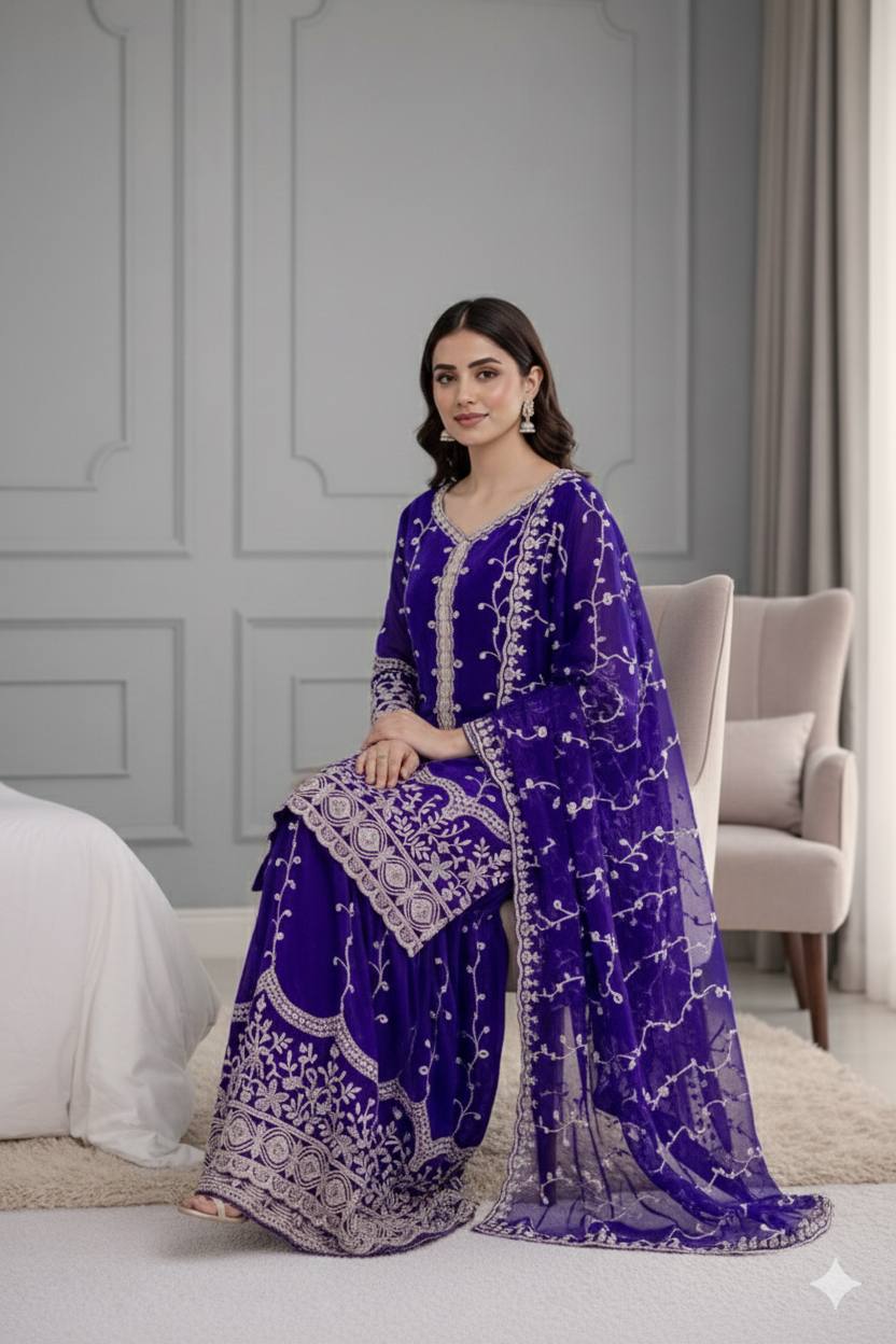 PURE FENDY SILK HEAVY EMBROIDERY TOP- BOTTOM SET (FULLY STTITCHED)