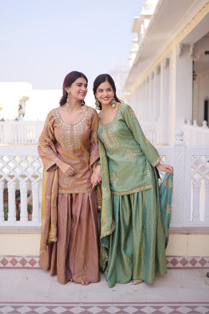 PREMIUM DESIGNER FENDY CRUSH TOP-SHARARA-DUPATTA SET WITH ZARI SEQUINS WORK