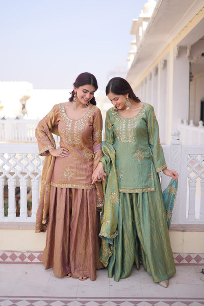 PREMIUM DESIGNER FENDY CRUSH TOP-SHARARA-DUPATTA SET WITH ZARI SEQUINS WORK