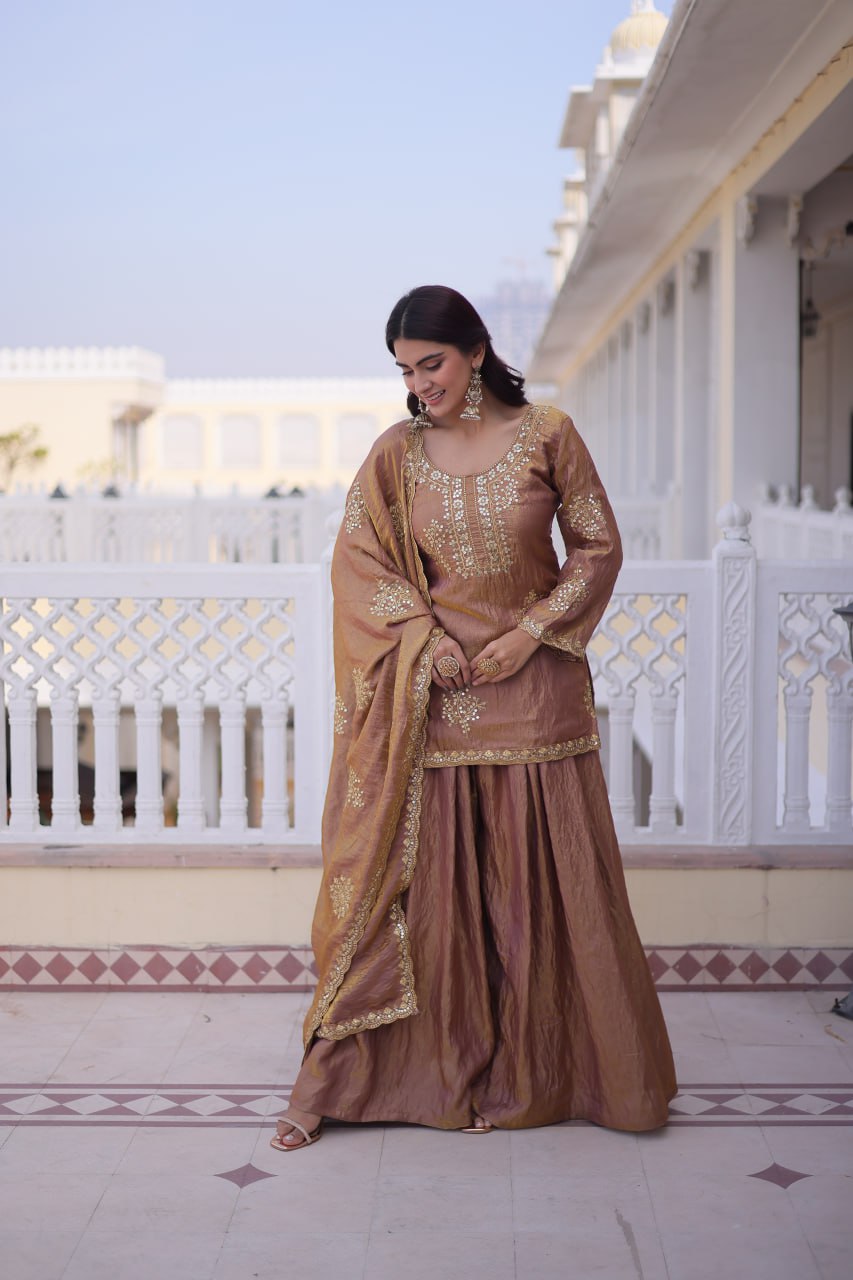 PREMIUM DESIGNER FENDY CRUSH TOP-SHARARA-DUPATTA SET WITH ZARI SEQUINS WORK