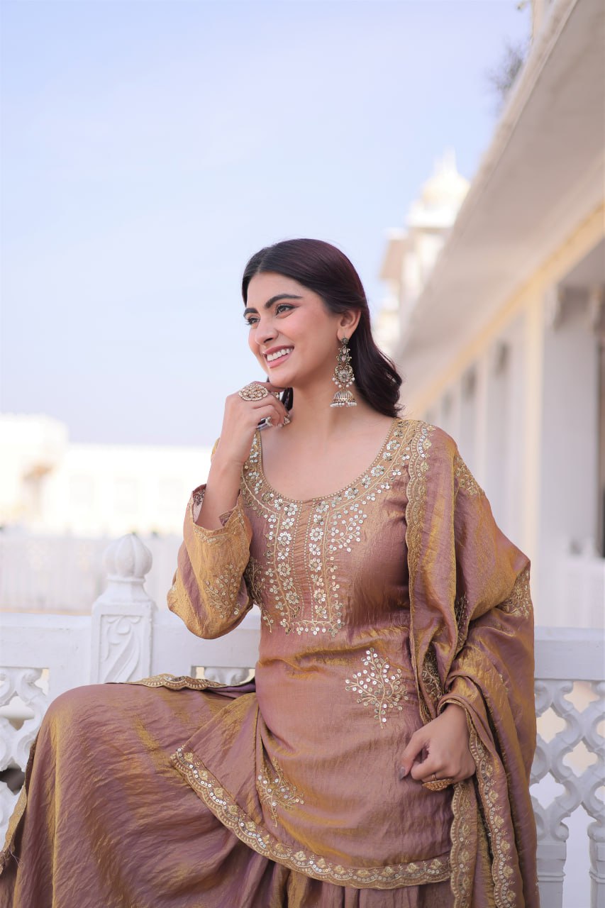 PREMIUM DESIGNER FENDY CRUSH TOP-SHARARA-DUPATTA SET WITH ZARI SEQUINS WORK