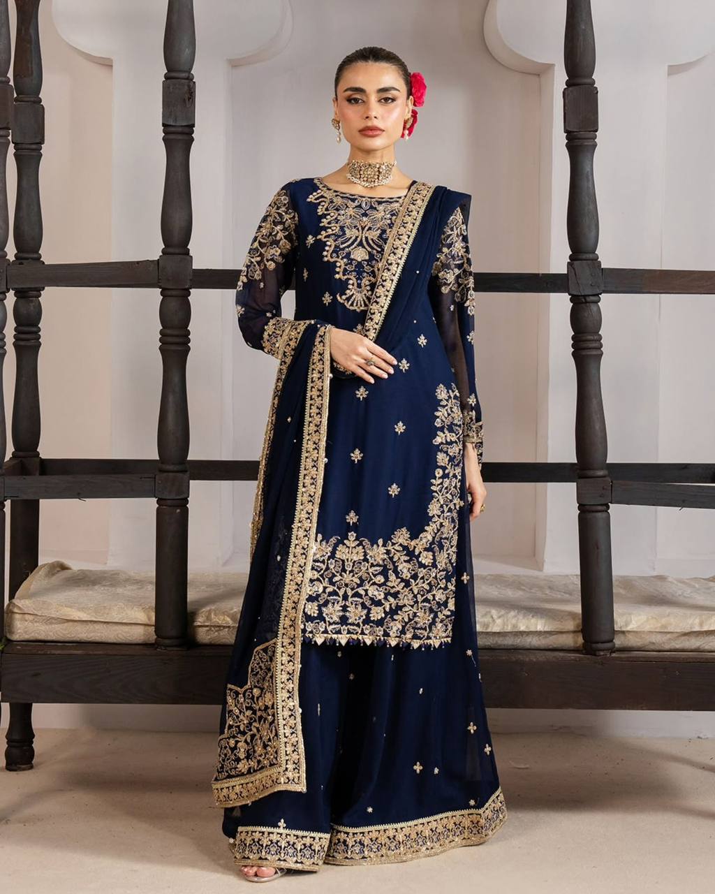 BLUE PREMIUM  GMY SILK CODING-SEQUINS PLAZZO SET WITH DUPATTA