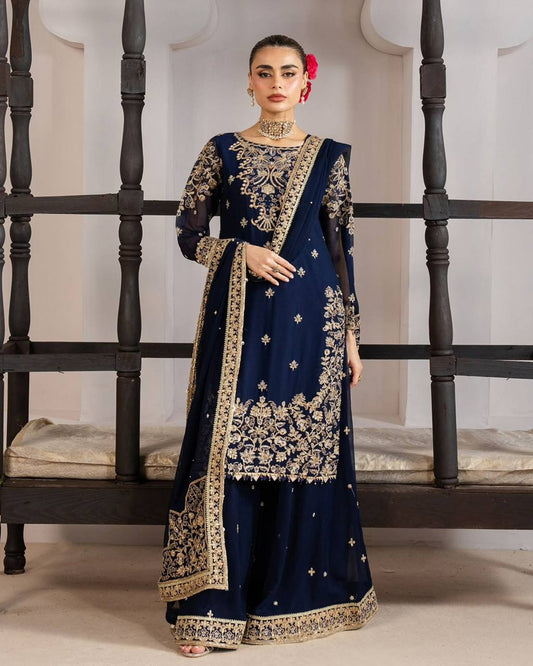 BLUE PREMIUM  GMY SILK CODING-SEQUINS PLAZZO SET WITH DUPATTA