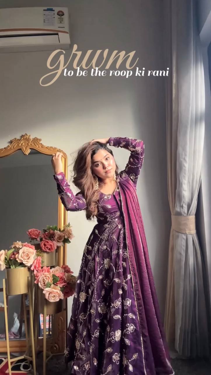 NEHA's FAVOURITE - PURPLE FENDY SILK DESIGNER GOWN - LEHENGA SET