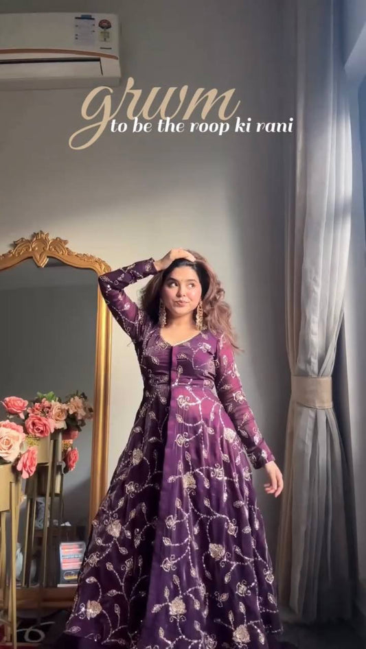 NEHA's FAVOURITE - PURPLE FENDY SILK DESIGNER GOWN - LEHENGA SET