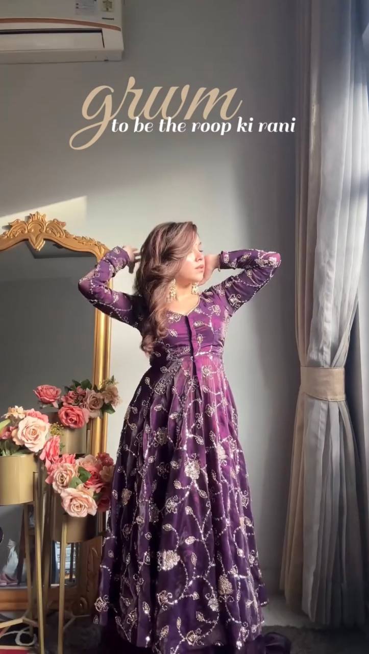 NEHA's FAVOURITE - PURPLE FENDY SILK DESIGNER GOWN - LEHENGA SET