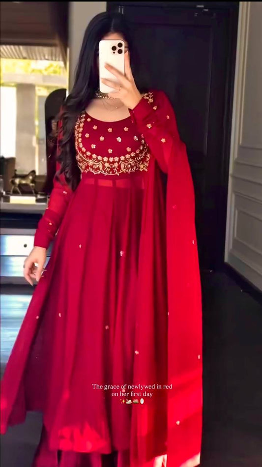 RED FAUX GEORGTTE ANARKALI GOWN SET