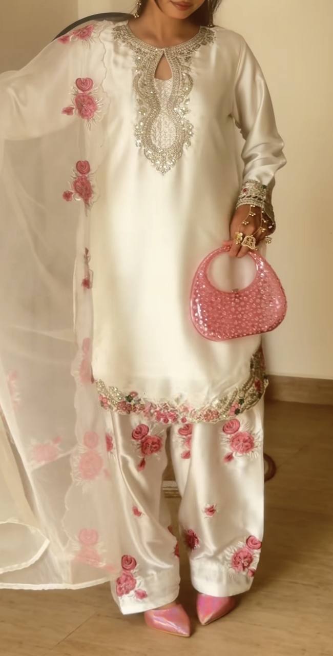 HEAVY JAPAN SATIN FARSHI SALWAR SUIT SET WITH EMBROIDERY & ORGANZA SILK DUPATTA