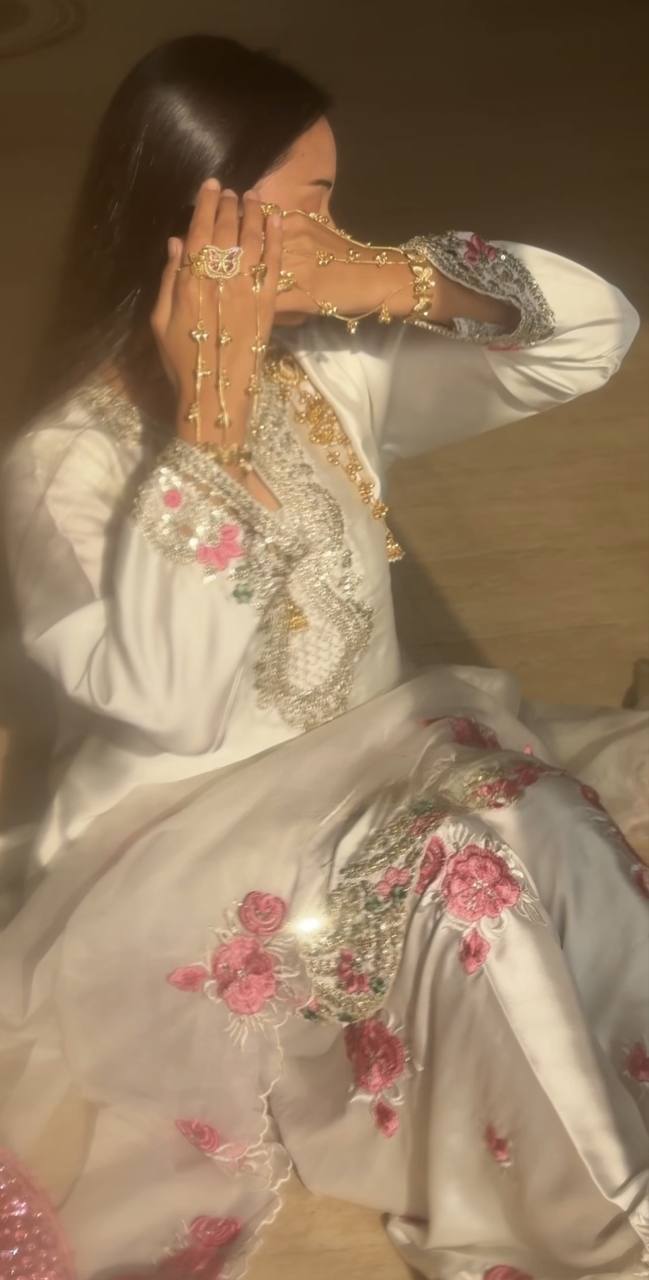 HEAVY JAPAN SATIN FARSHI SALWAR SUIT SET WITH EMBROIDERY & ORGANZA SILK DUPATTA