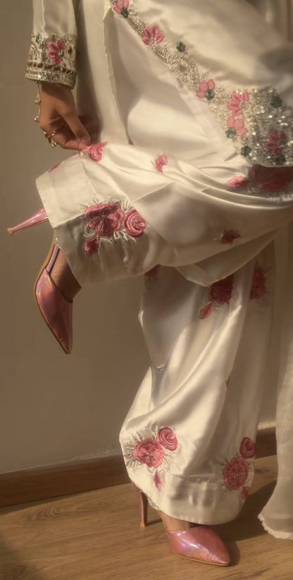 HEAVY JAPAN SATIN FARSHI SALWAR SUIT SET WITH EMBROIDERY & ORGANZA SILK DUPATTA