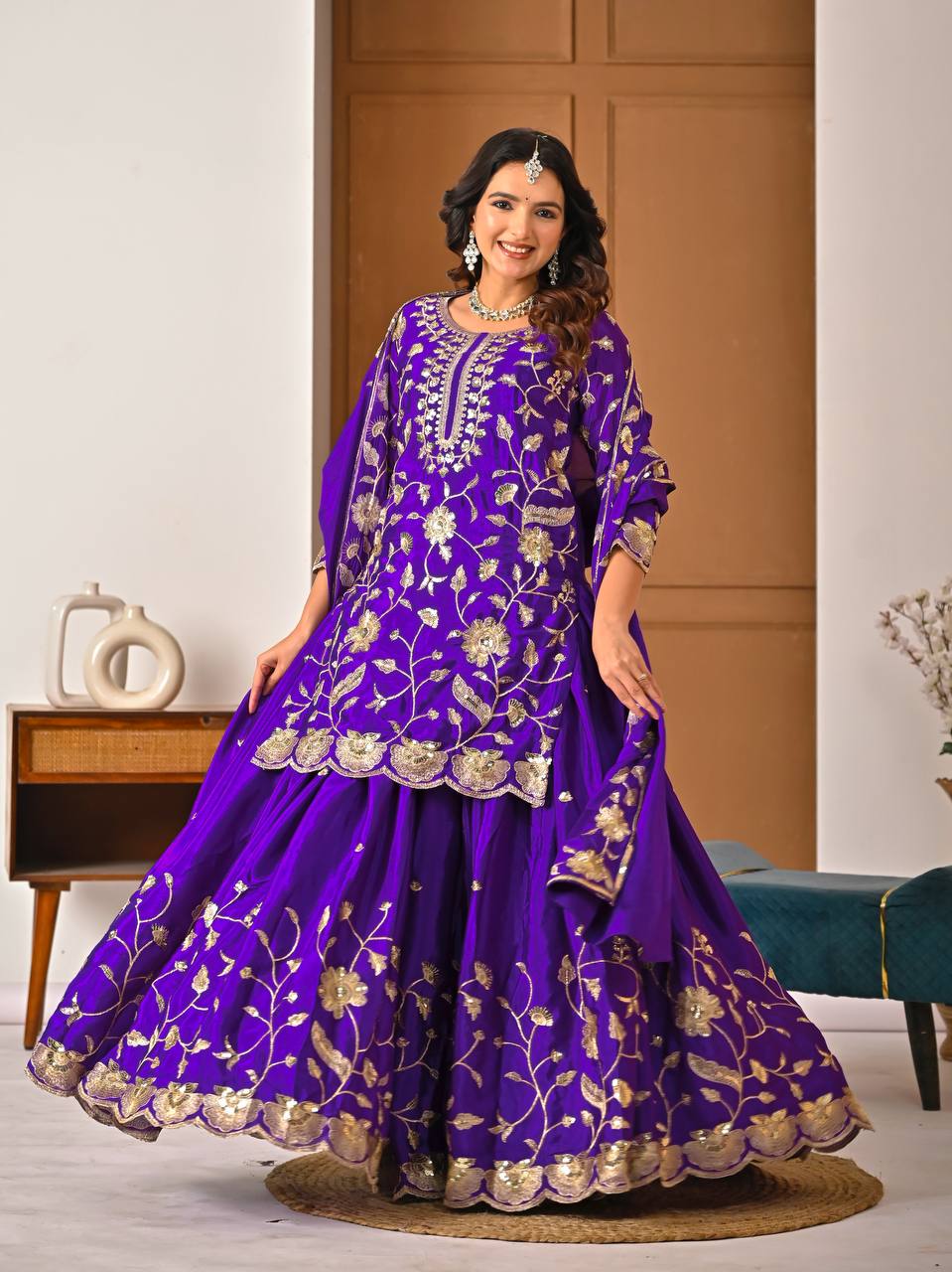 DESIGNER PARTY WEAR LOOK HEAVY CHINON SILK MATERIAL WITH SEQUENCE EMBROIDERY WORK TOP , LEHENGA WITH DUPATTA