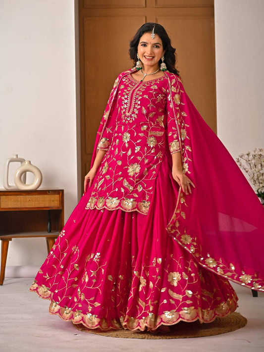 DESIGNER PARTY WEAR LOOK HEAVY CHINON SILK MATERIAL WITH SEQUENCE EMBROIDERY WORK TOP , LEHENGA WITH DUPATTA