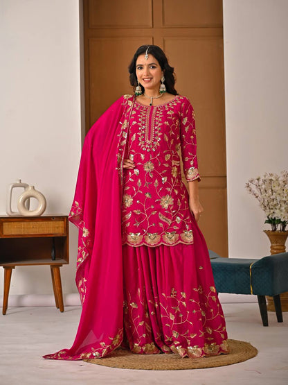 DESIGNER PARTY WEAR LOOK HEAVY CHINON SILK MATERIAL WITH SEQUENCE EMBROIDERY WORK TOP , LEHENGA WITH DUPATTA