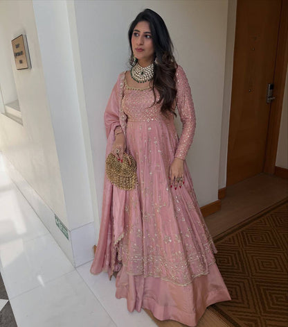 PINK PREMIUM DESIGNER GOWN WITH LEHENGA & DUPATTA SET