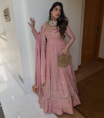 PINK PREMIUM DESIGNER GOWN WITH LEHENGA & DUPATTA SET