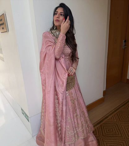 PINK PREMIUM DESIGNER GOWN WITH LEHENGA & DUPATTA SET
