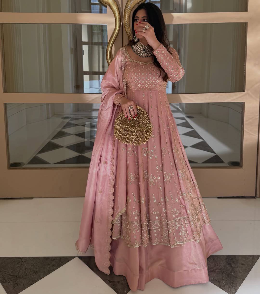 PINK PREMIUM DESIGNER GOWN WITH LEHENGA & DUPATTA SET