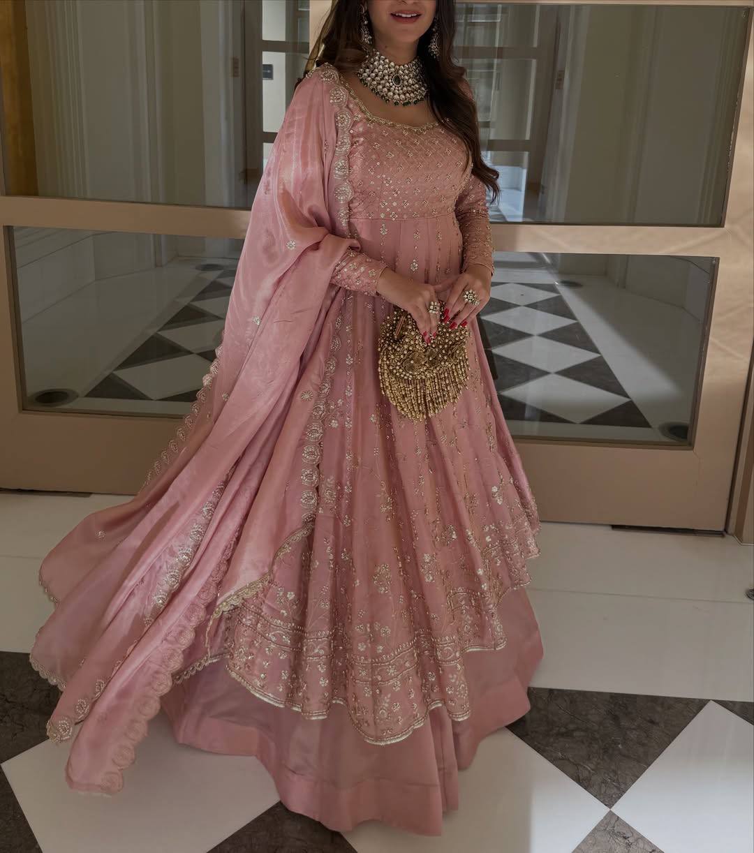 PINK PREMIUM DESIGNER GOWN WITH LEHENGA & DUPATTA SET