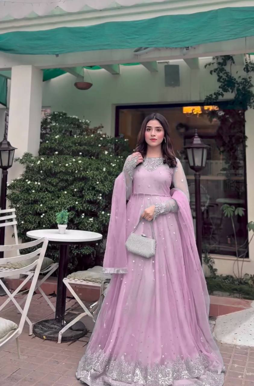 FAUX GEORGETTE EMBROIDERED GOWN WITH LEHENGA & BUTTERFLY  NET DUPATTA