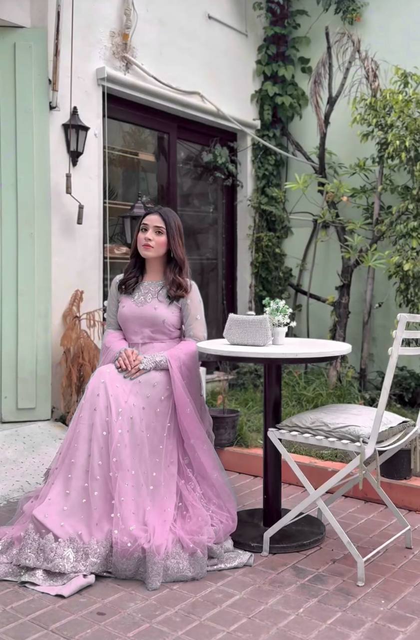 FAUX GEORGETTE EMBROIDERED GOWN WITH LEHENGA & BUTTERFLY  NET DUPATTA