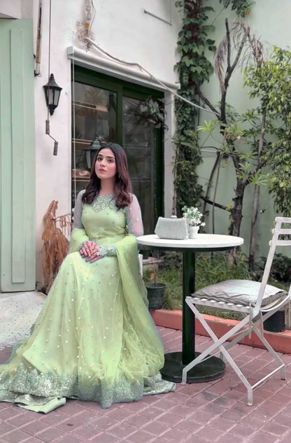 FAUX GEORGETTE EMBROIDERED GOWN WITH LEHENGA & BUTTERFLY  NET DUPATTA