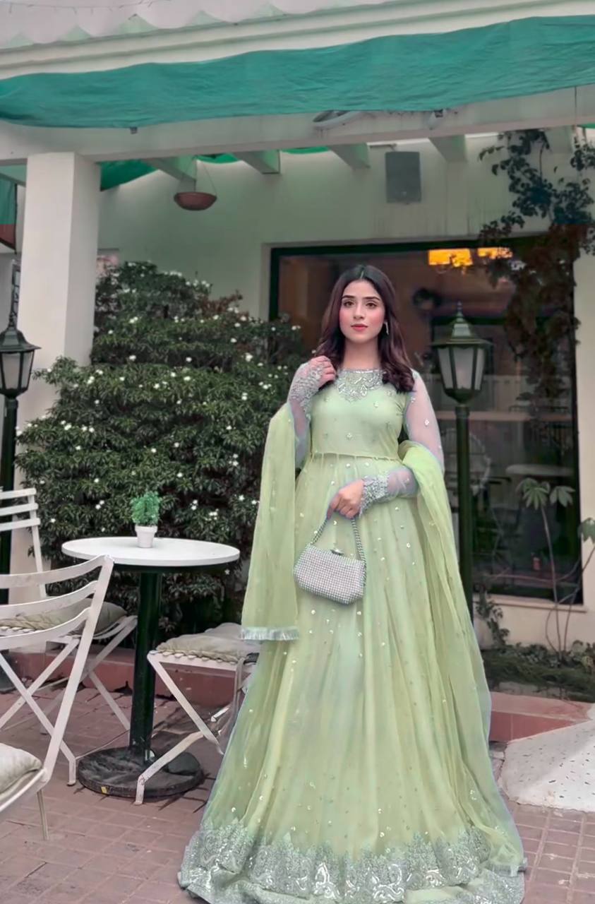 FAUX GEORGETTE EMBROIDERED GOWN WITH LEHENGA & BUTTERFLY  NET DUPATTA