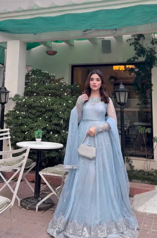 FAUX GEORGETTE EMBROIDERED GOWN WITH LEHENGA & BUTTERFLY  NET DUPATTA