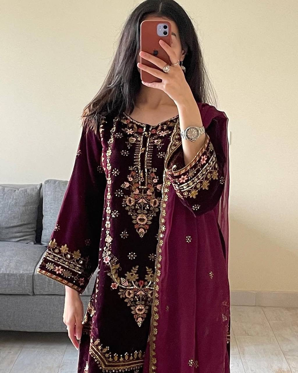 ROSHLY - WINE VELVET SUIT WITH EMBROIDERY WORK - SET OF 3