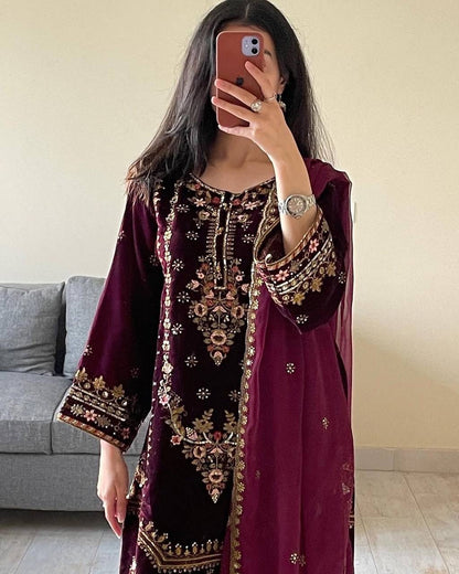 ROSHLY - WINE VELVET SUIT WITH EMBROIDERY WORK - SET OF 3