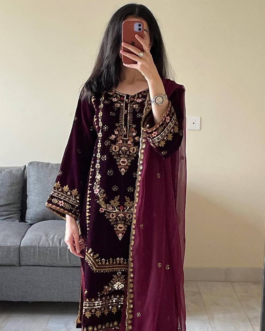 ROSHLY - WINE VELVET SUIT WITH EMBROIDERY WORK - SET OF 3