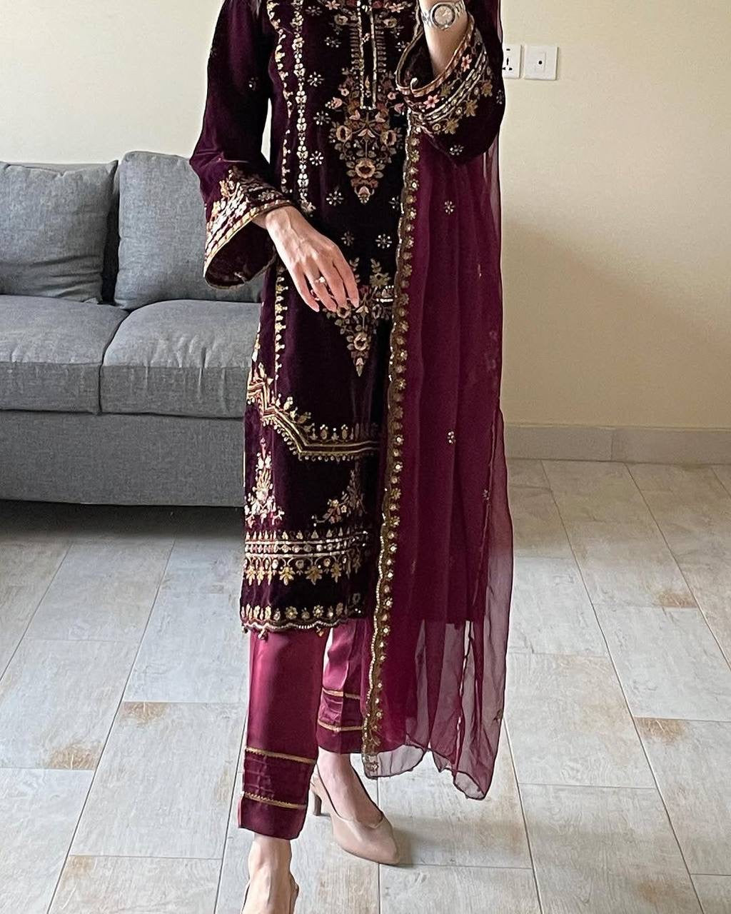 ROSHLY - WINE VELVET SUIT WITH EMBROIDERY WORK - SET OF 3