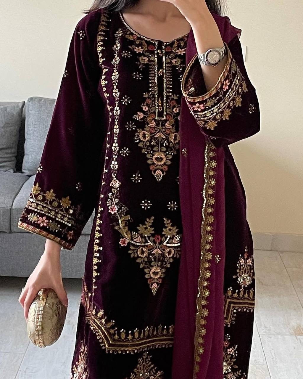 ROSHLY - WINE VELVET SUIT WITH EMBROIDERY WORK - SET OF 3